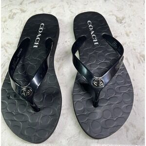 Coach Black Flip Flops 5B Silver Decoration Abigail Summer Beach Pool Thongs